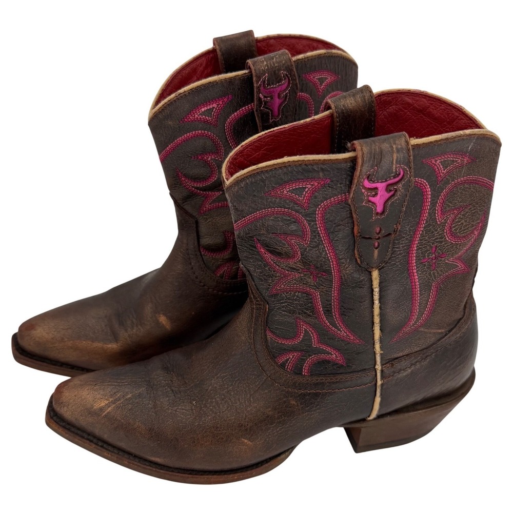 VTG Trask Brown Leather Cowboy Boots Pink Bull Longhorn Western Rodeo Cowgirl 9B